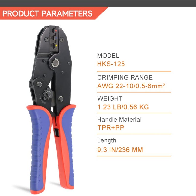 HKS Crimping Tool For Heat Shrink Connectors - Ratcheting Wire Crimpers - AWG 22-10 (0.5-6.0mm?) - Ratchet Terminal Crimper - Electrical Crimping Tool - Image 2